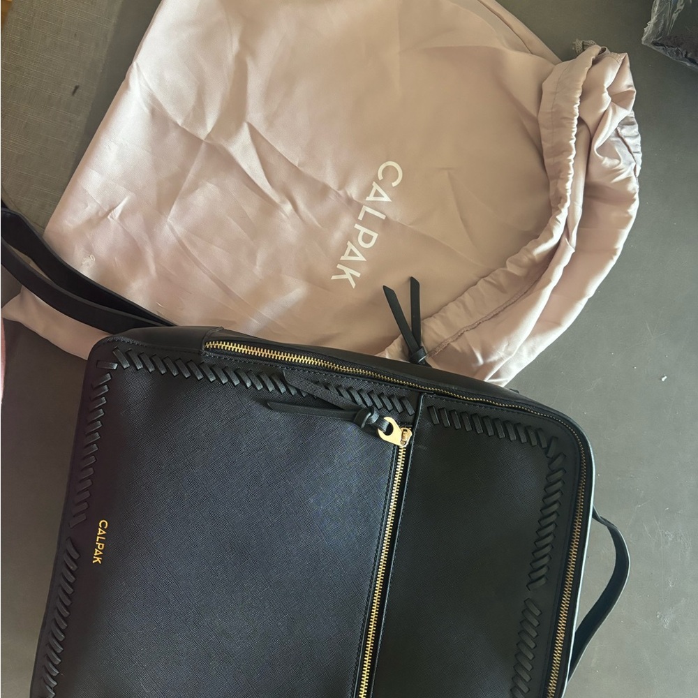 Calpak Black Leather Backpack Laptop Bag Sleek Design Women Men